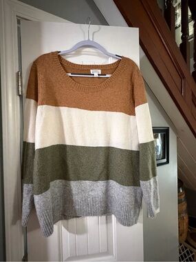 Market & Spruce Striped Crewneck Sweater in Tan, Cream, Olive, Gray